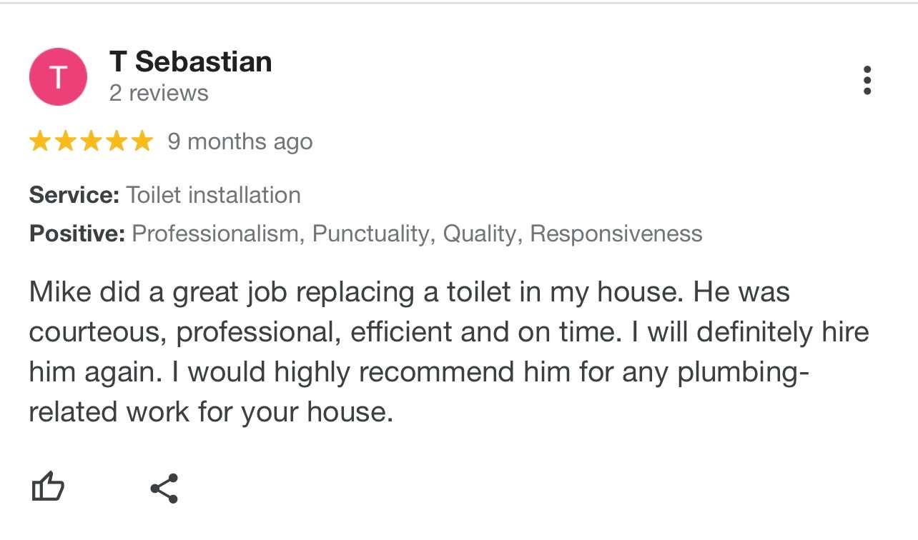 5 Star Plumbing Review for MJW Plumbing Company Vienna VA