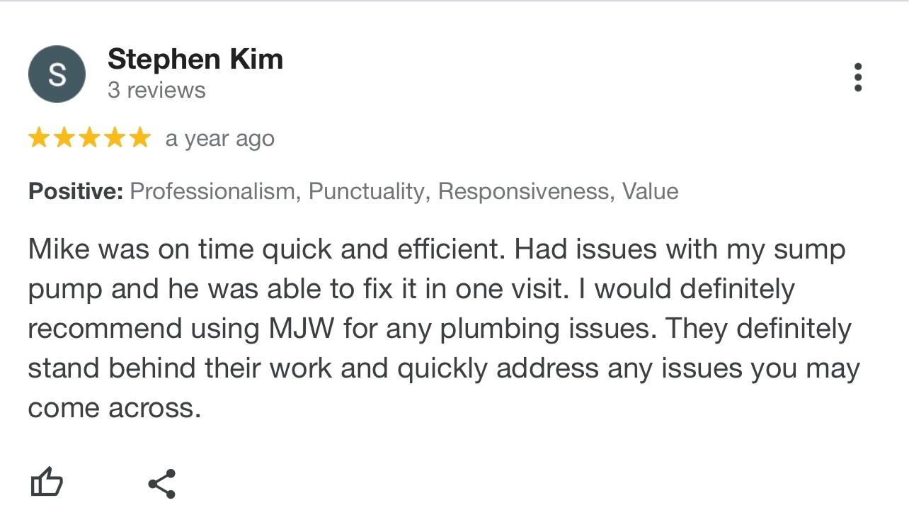 5 Star Plumbing Review for MJW Plumbing Company Vienna VA